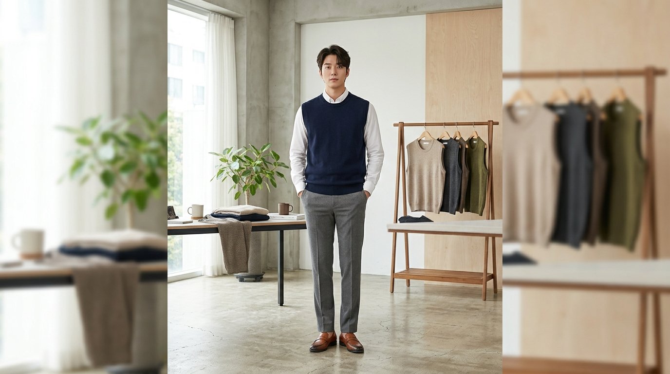 남성 의류 매장에서 니트조끼를 고르는 고객들
