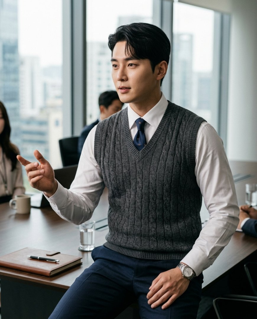 책상 앞에서 니트조끼를 입은 남성