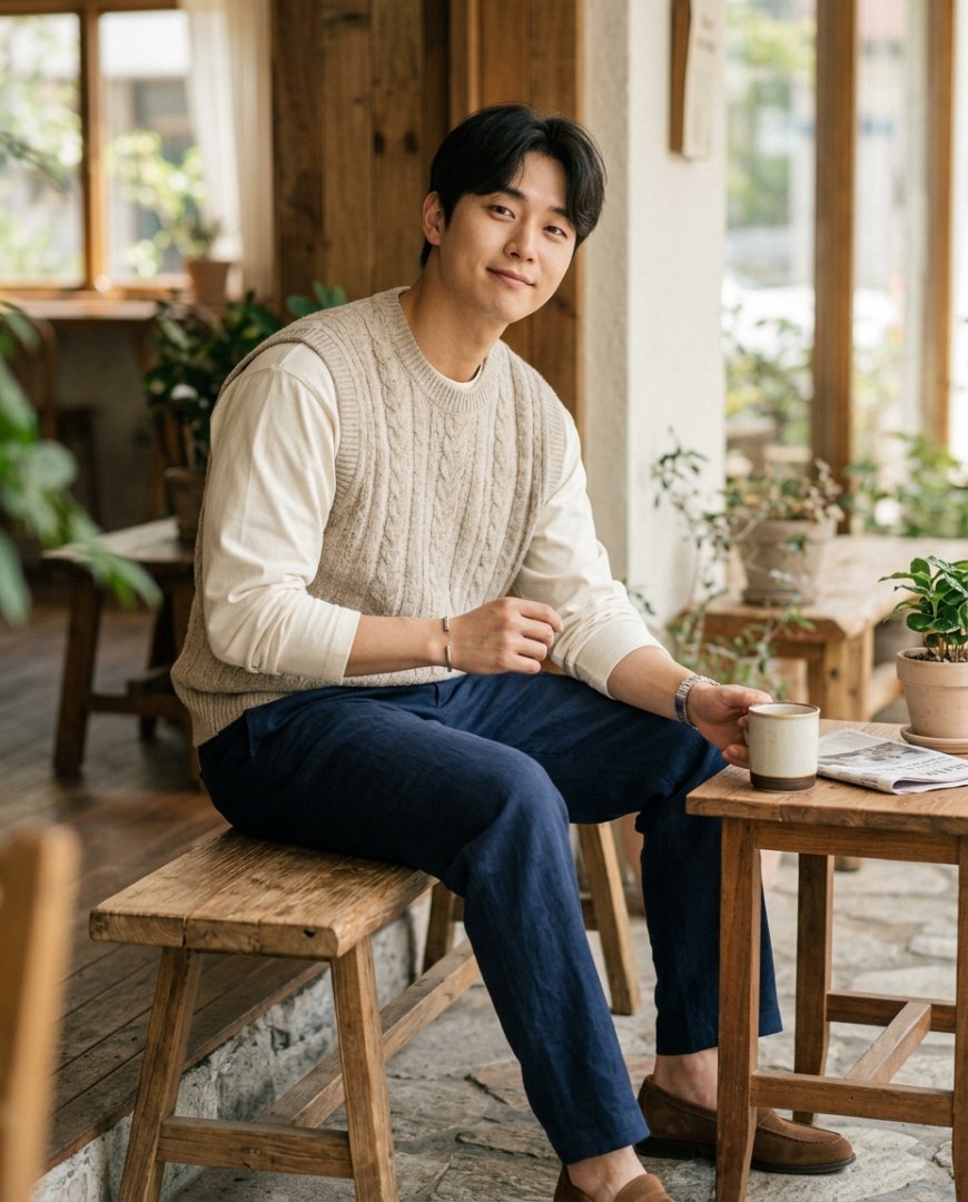 벤치에 앉아 있는 캐주얼한 남성