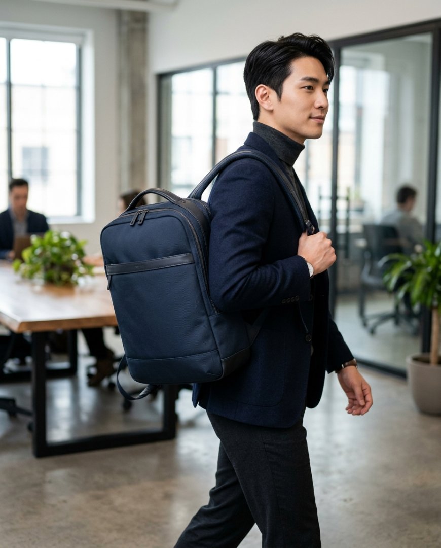 수트 차림 남성이 블랙 노트북가방을 매고 있다