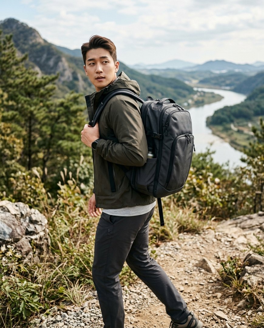 캐주얼 남성이 경량 노트북가방을 어깨에 걸고 있다