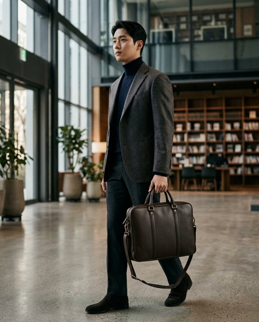세련된 비즈니스 차림에 가죽 가방을 멘 사람