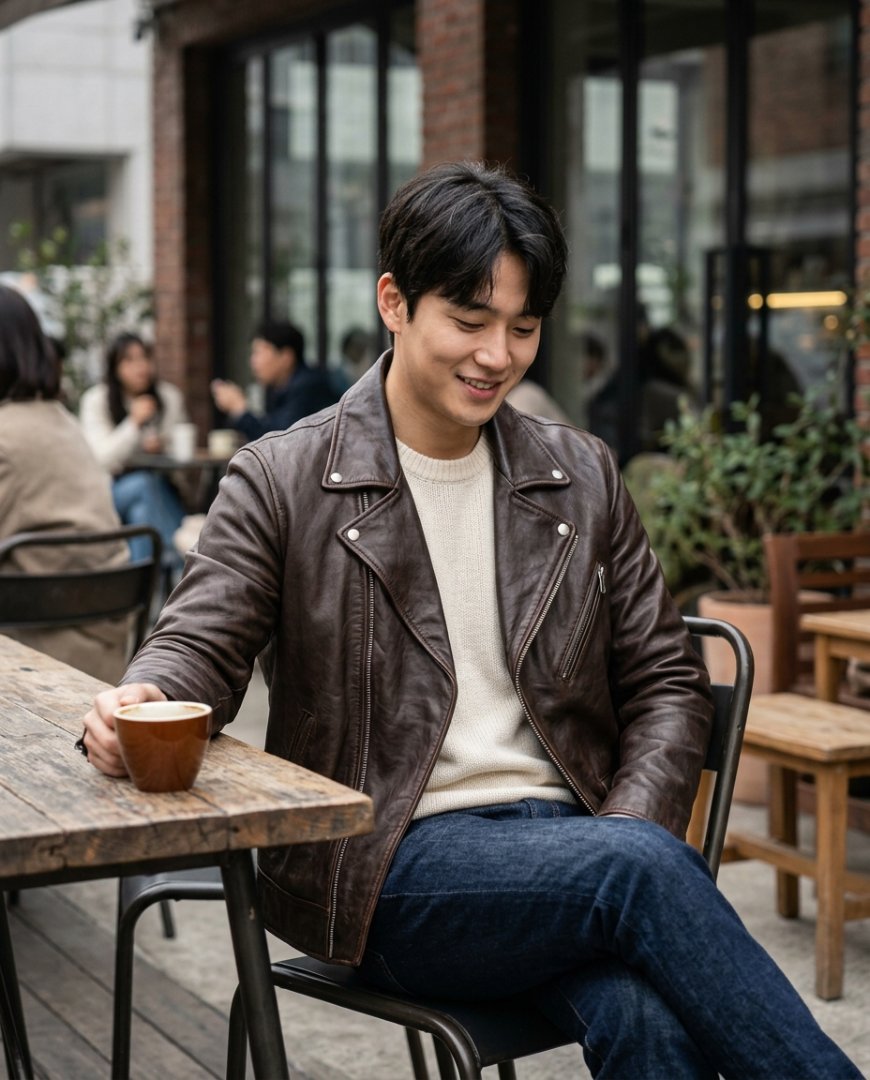 가죽자켓과 회색 스웨터를 입고 카페에 앉은 남성. #카페스타일 #편안한룩 #회색스웨터 #일상 #남성자켓