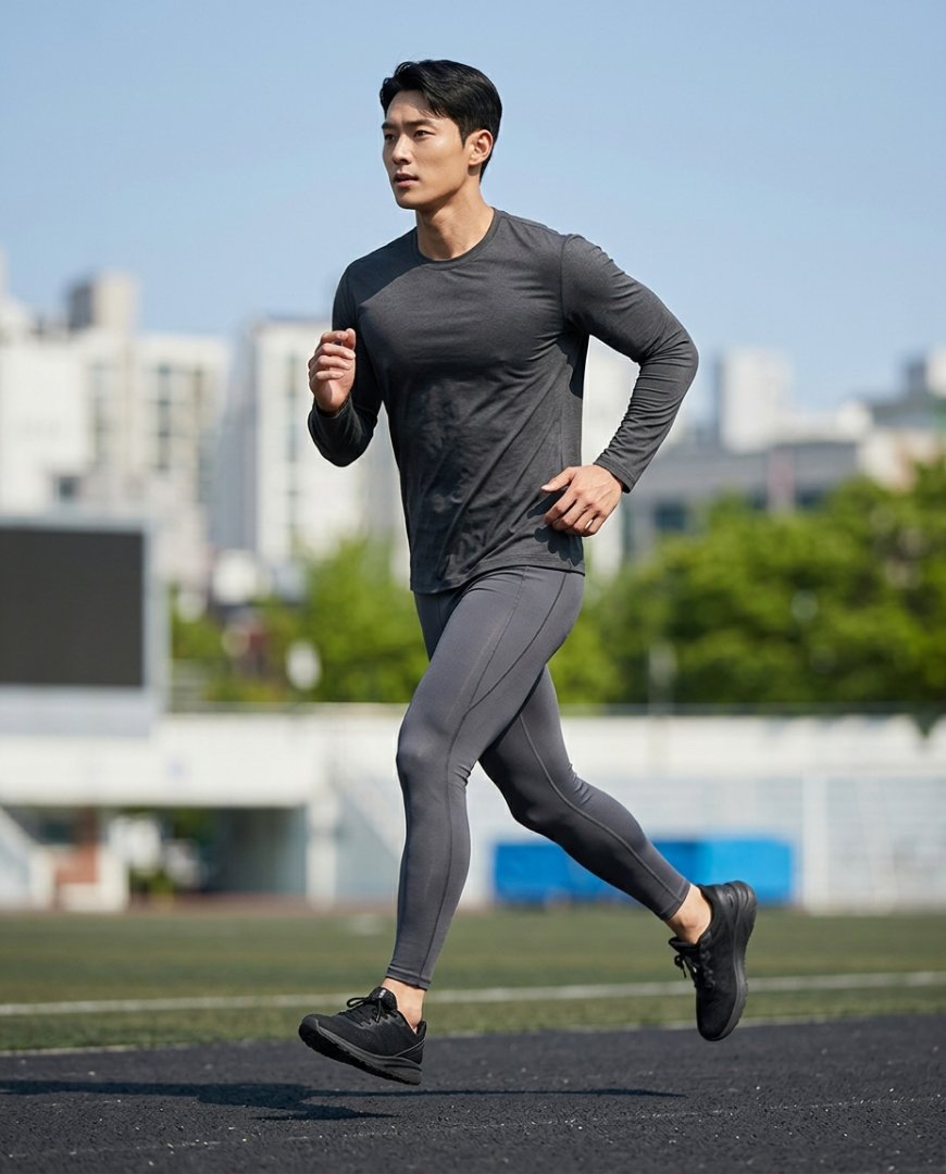 한 남성이 공원에서 레깅스를 입고 런닝 중