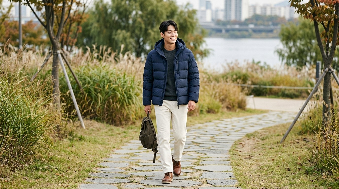 여러 남성 경량패딩이 배치된 패션 스토어의 전경.