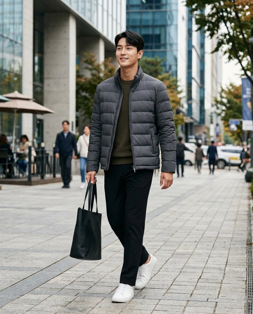 현대적인 도심 배경에서 블랙 경량패딩을 착용한 남성.