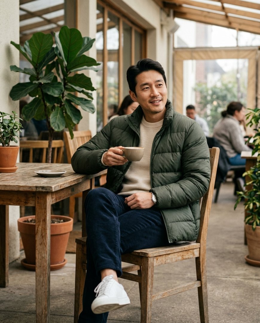 주말 아침, 부드러운 외투를 입고 쉬는 남성.