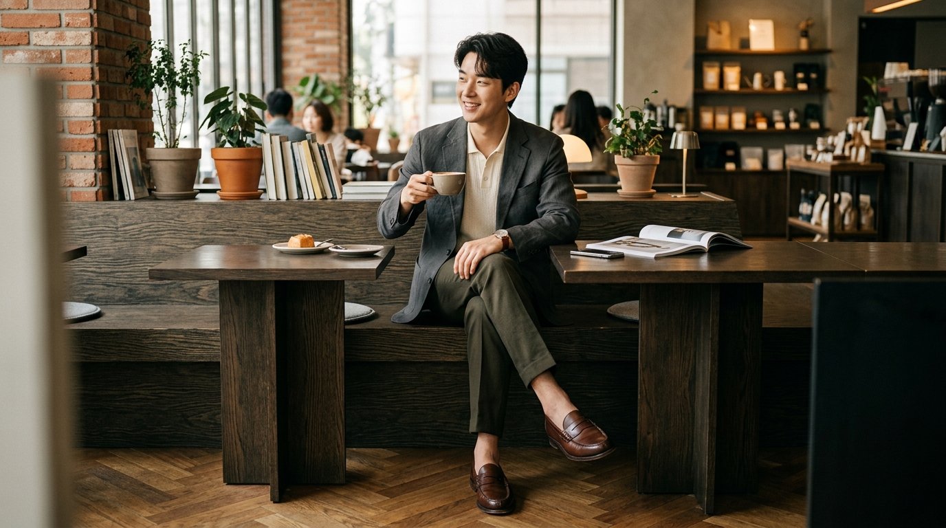도시 거리 배경에서 다양한 스타일의 로퍼와 의상이 놓여있습니다.