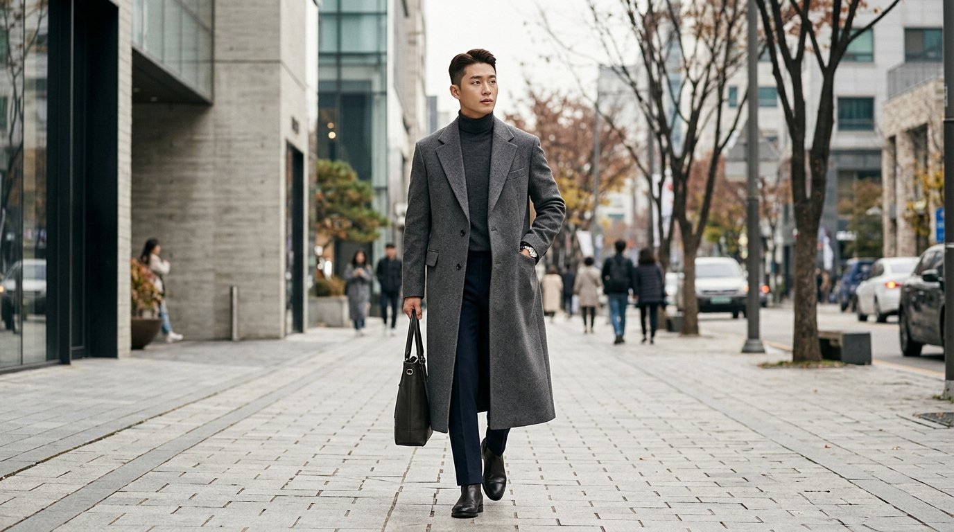 도시 배경 앞에 롱 코트를 입은 남성, 스타일