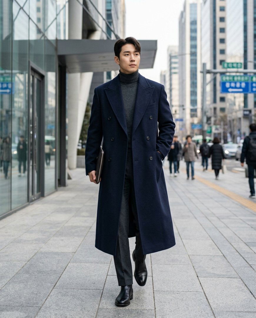 도시적 오피스룩을 연출하는 블랙 롱코트 착용 남성