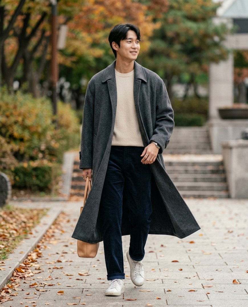 캐주얼한 주말 스타일의 그레이 롱코트 남성