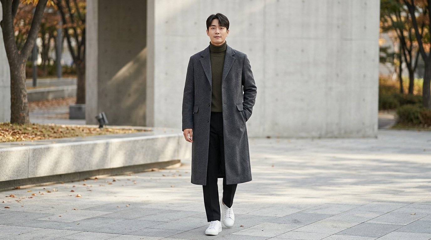 남성 롱자켓을 착용한 모델이 거리에서 포즈를 취하고 있음