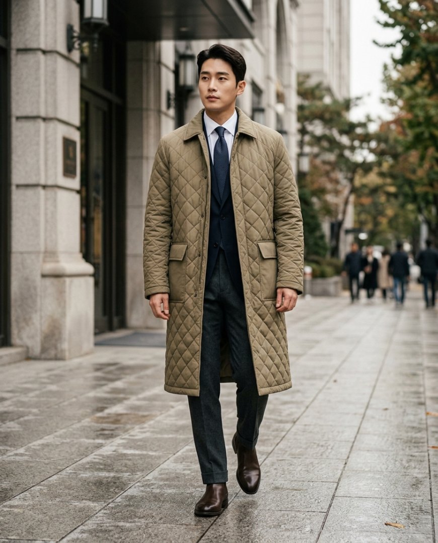 호텔 로비에서 포멀한 차림의 남성이 롱자켓을 입고 있음