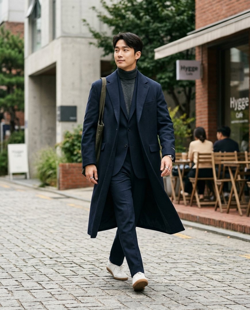 공원에서 청바지와 화이트 티셔츠를 매치한 남성이 롱자켓을 착용하고 있음
