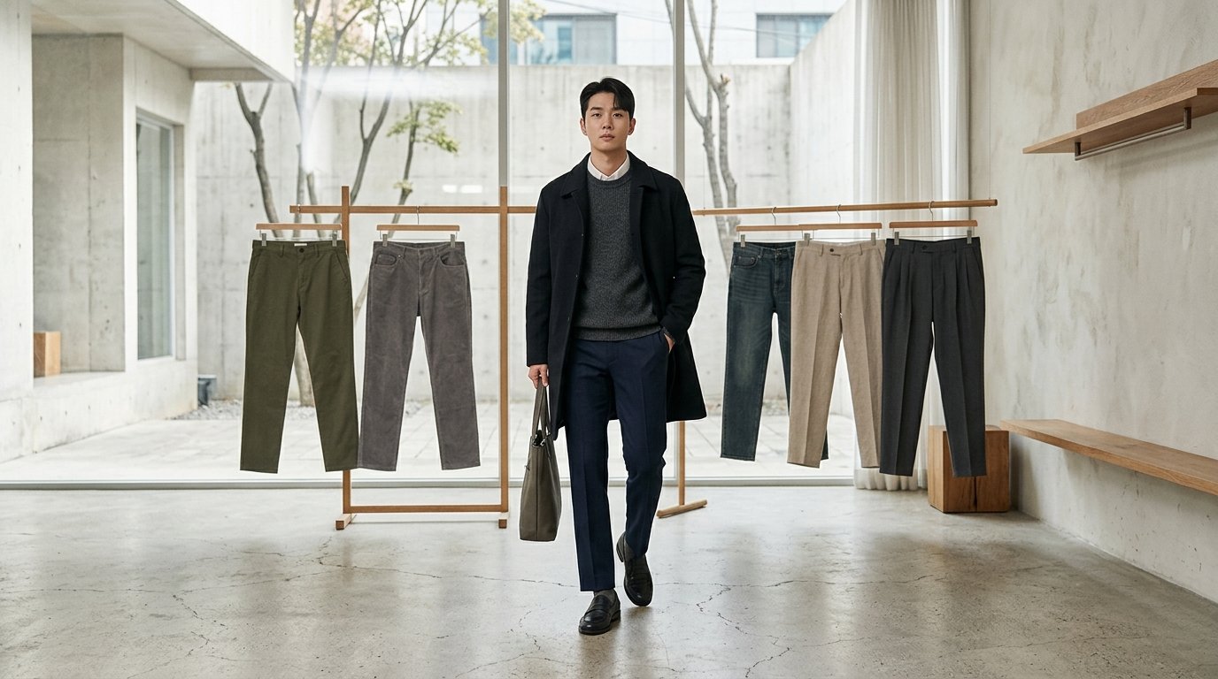 도심 거리에서 다양한 핏의 남성 롱팬츠를 연출한 남성들