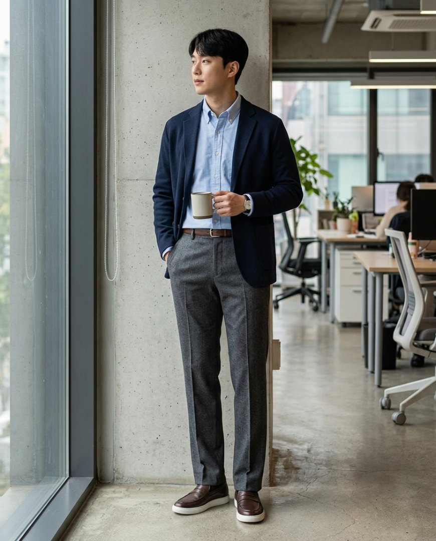세련된 블랙 롱팬츠에 네이비 셔츠를 매치한 남성의 모습