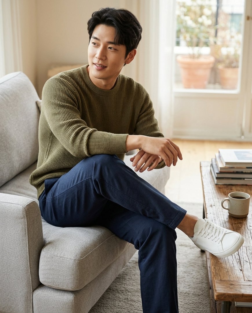 브라운 롱팬츠와 티셔츠로 주말의 여유로움을 중심으로 스타일링한 남성