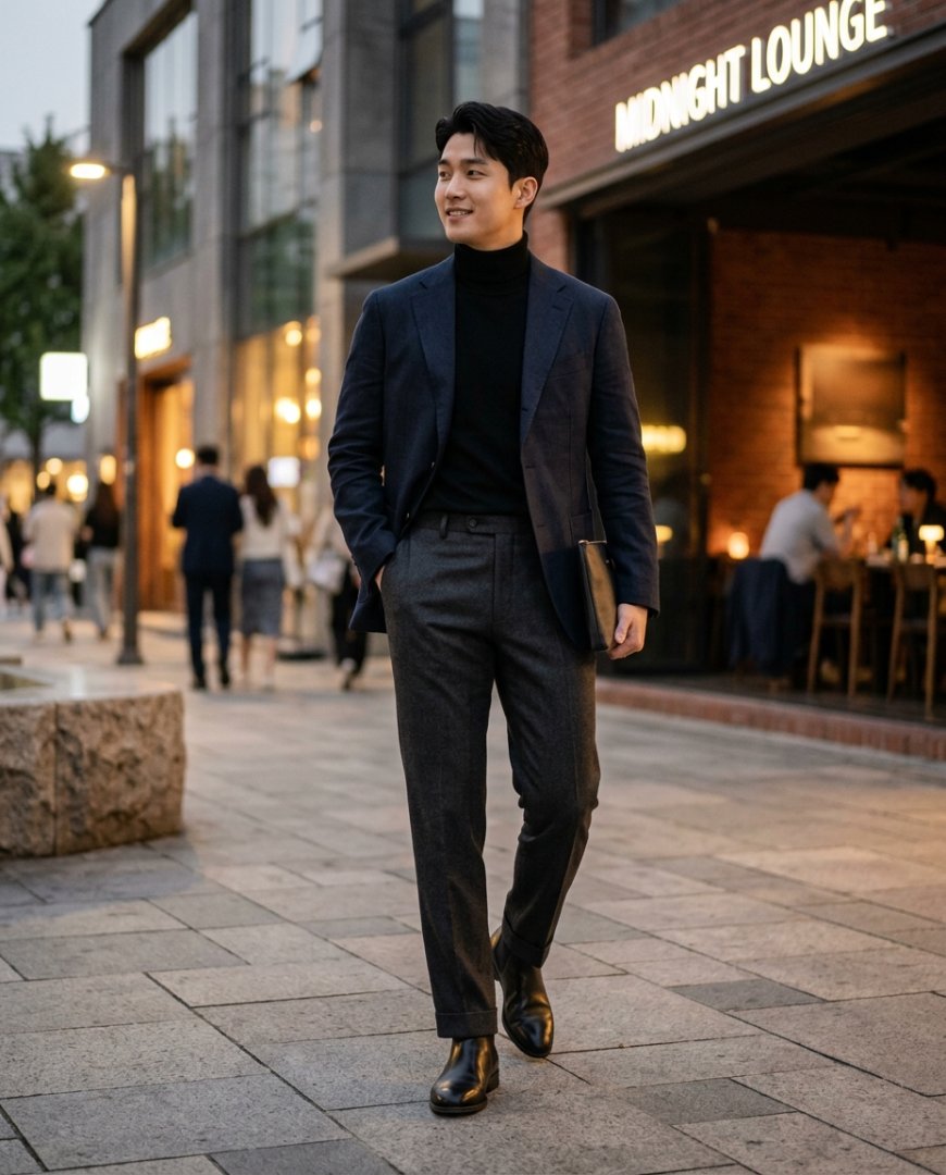 도심 속 저녁 모임에 적합한 블랙 슬림 롱팬츠와 재킷 스타일링