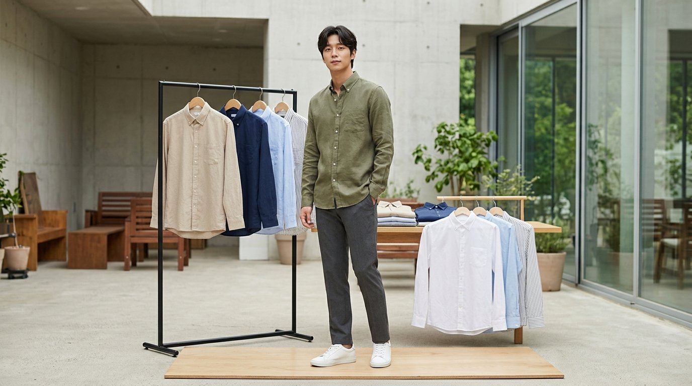 옥상에서 다양한 긴팔 셔츠를 입은 모델들 촬영 중