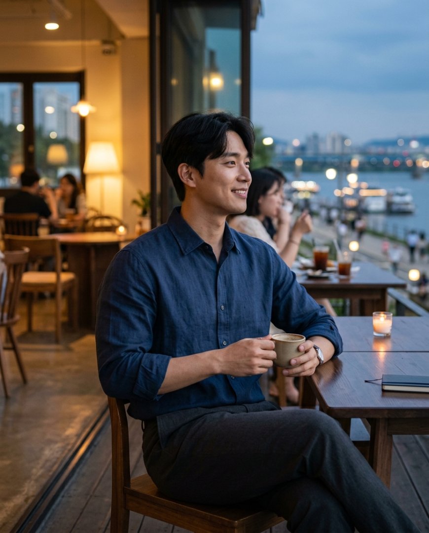 저녁 거리에서 데님과 셔츠를 입고 걷는 사람