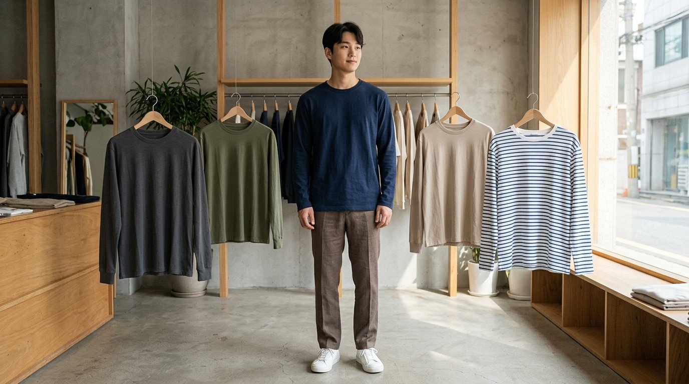 공원에서 다양한 스타일의 긴팔티셔츠를 입고 웃고 있는 남성들.