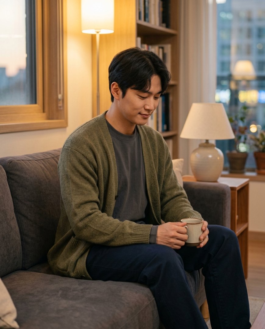 긴팔티셔츠와 카디건을 입고 있는 남성의 착장.