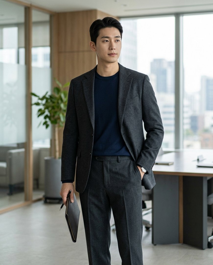 사무실에서 긴팔티셔츠와 블레이저를 매치한 남성.