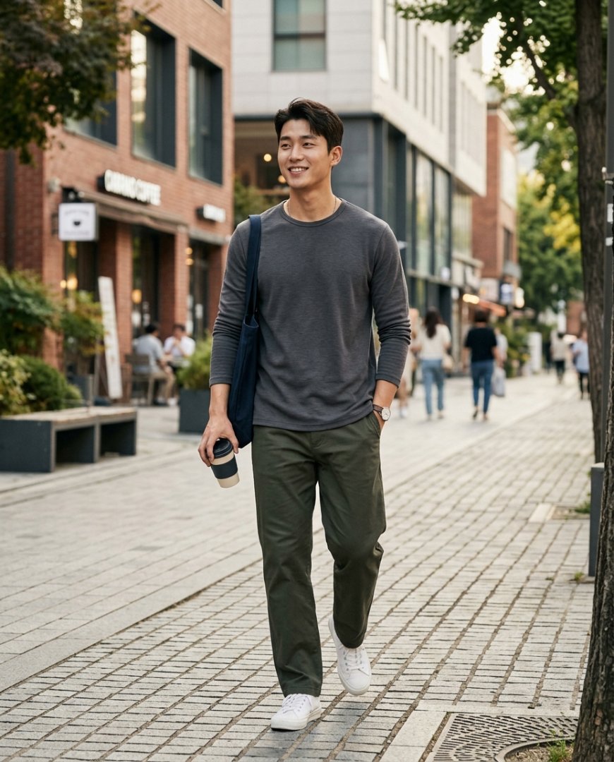 도시 거리를 걷고 있는 긴팔티셔츠와 청바지를 입은 남성.