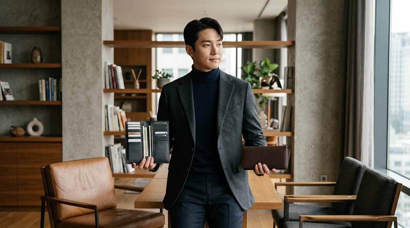 우드 테이블에 다양한 장지갑이 정렬된 모습