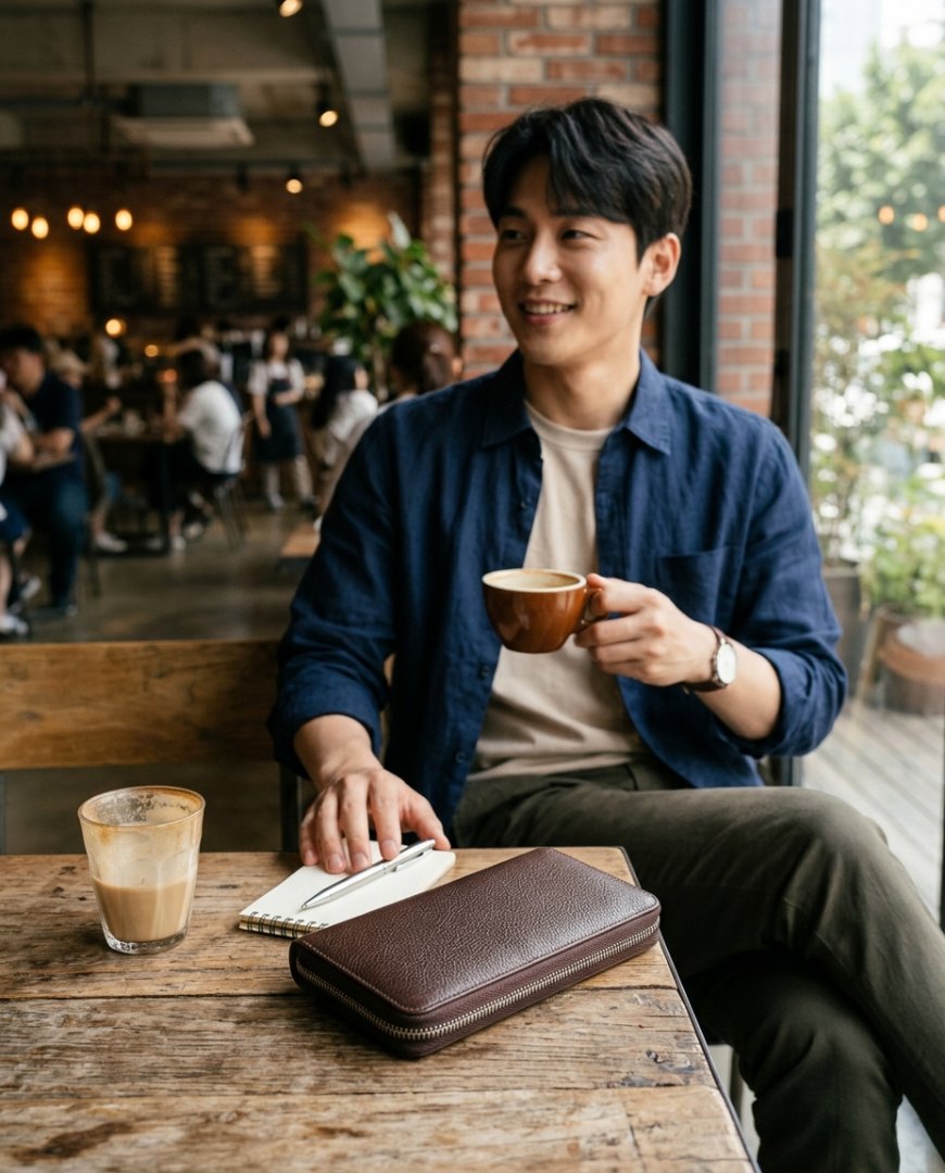 카페 테이블 위에 장지갑을 올려놓은 모습