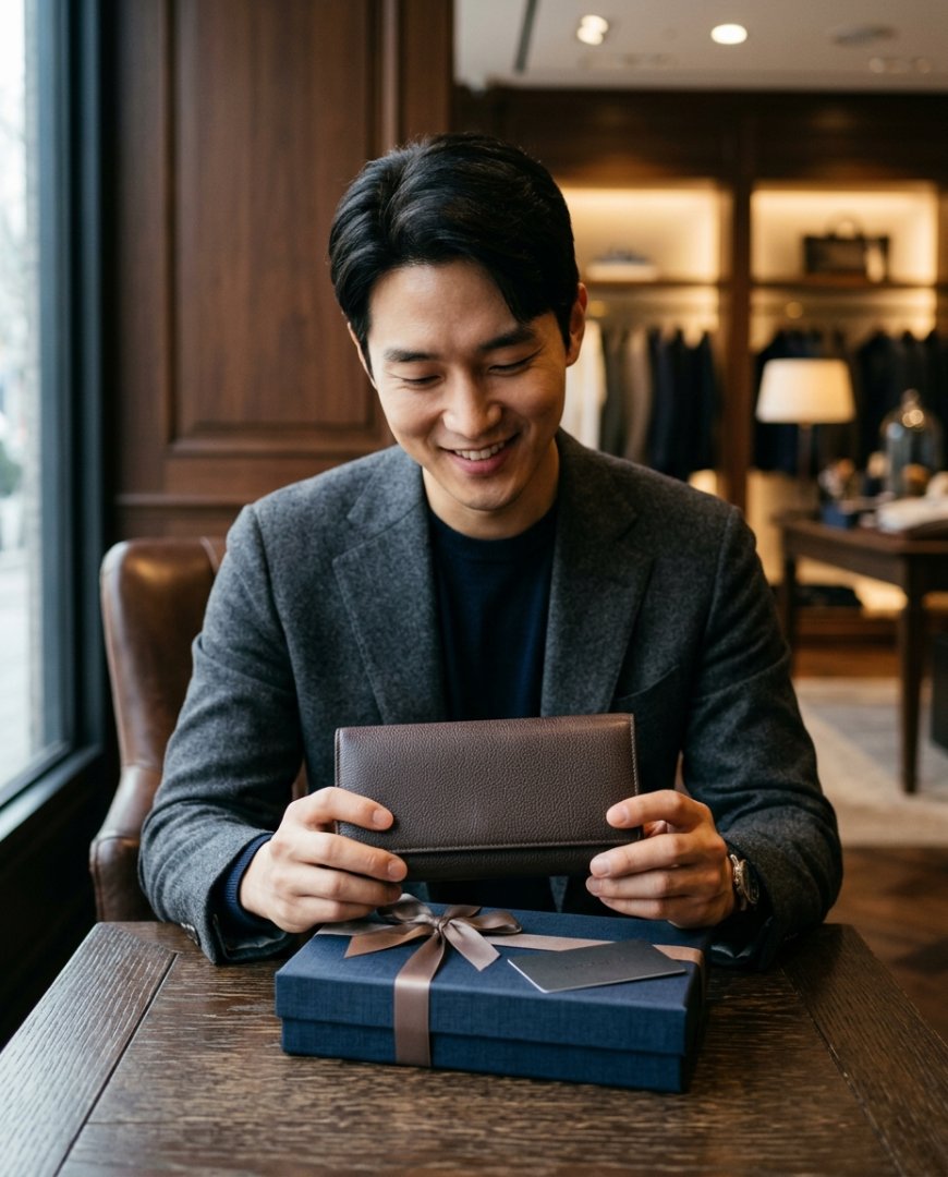 선물 상자 안에 장지갑을 놓고 있는 모습