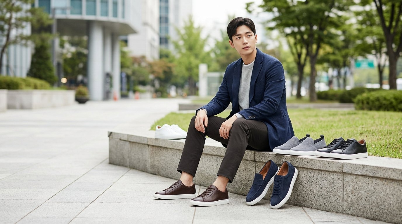 남성 단화가 가지런히 놓인 부티크 내부 광각 장면