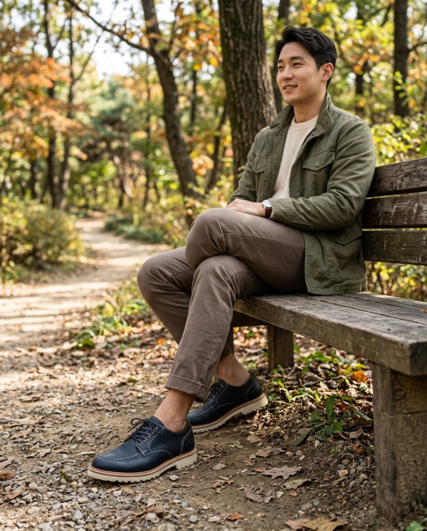 공원 벤치 위에 놓인 캐주얼 단화