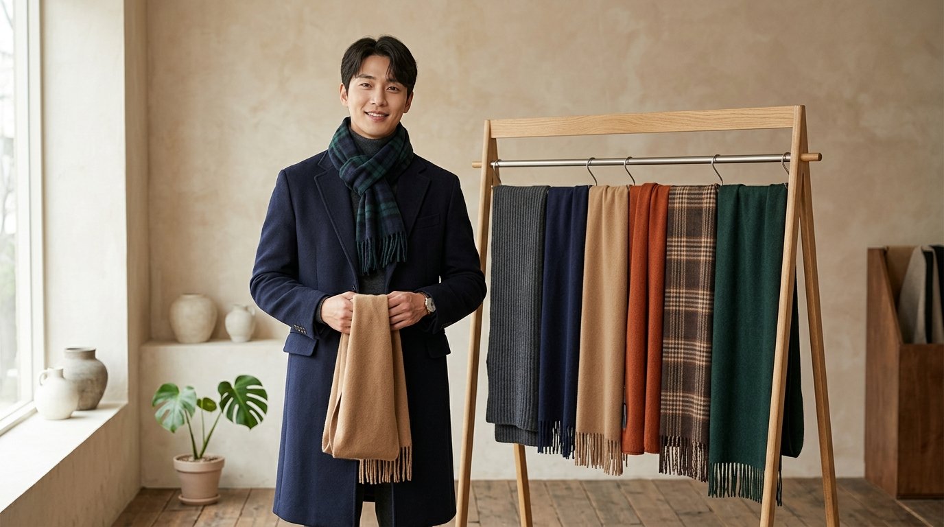 남성용 머플러가 여러 종류로 진열되어 있는 장면