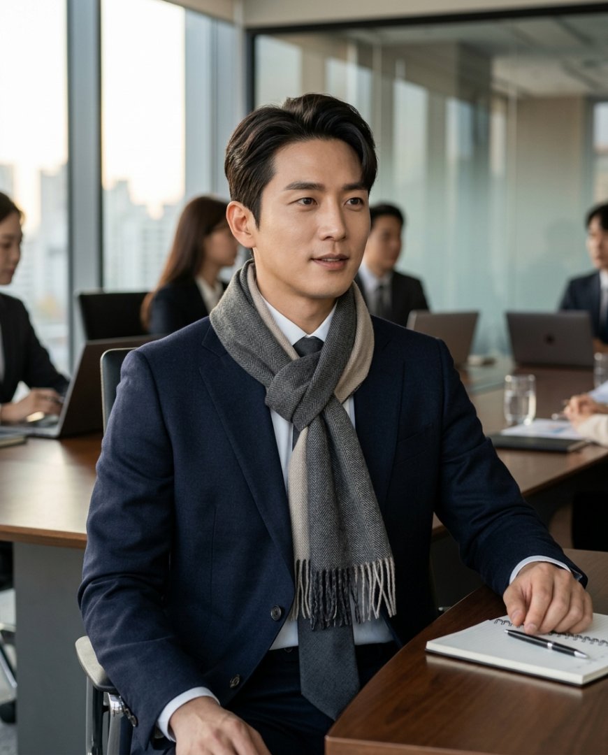정장을 입은 남자가 머플러를 착용한 모습