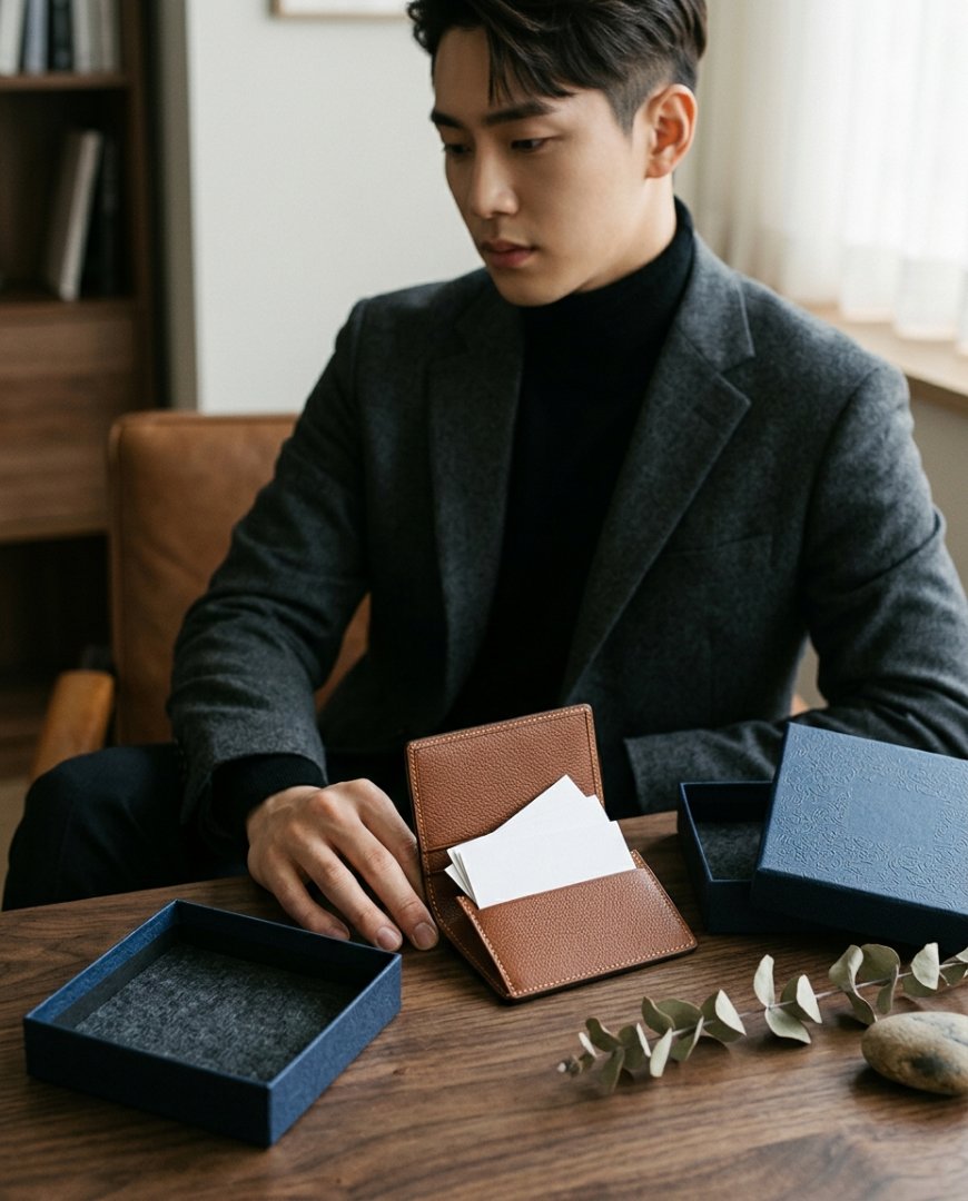 우아하게 포장된 네이비 배색 명함지갑