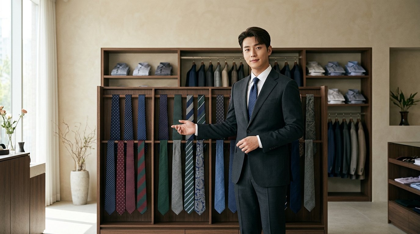 고급 매장에서 다양한 색상의 넥타이들이 전시된 모습
