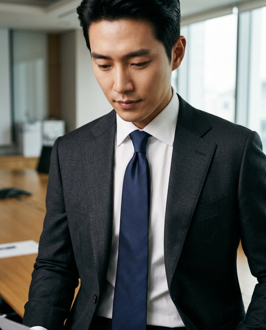 회의실에서 수트와 서로 다른 색상 넥타이를 착용한 모습