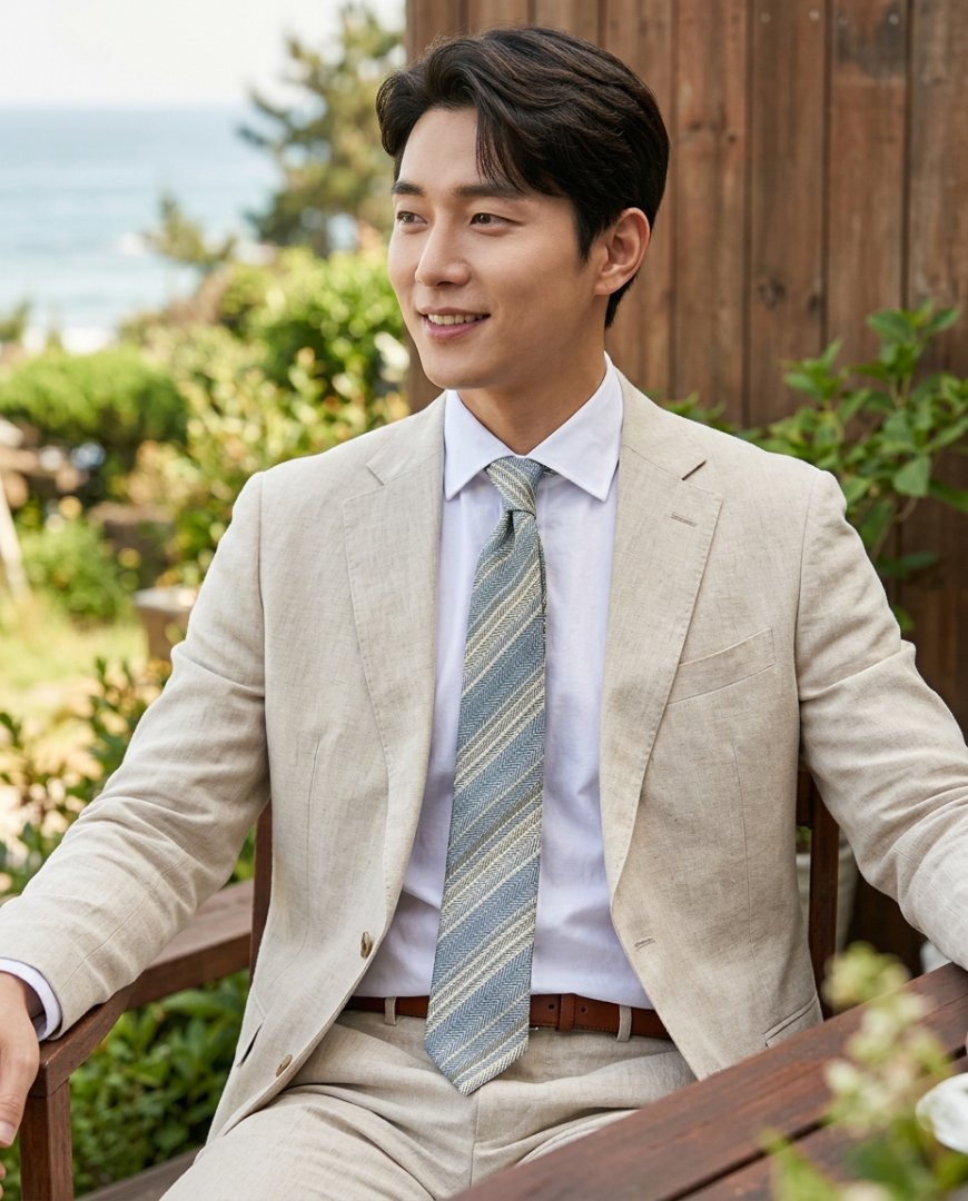 야외 여름 행사에서 가벼운 소재 넥타이 착용 모습