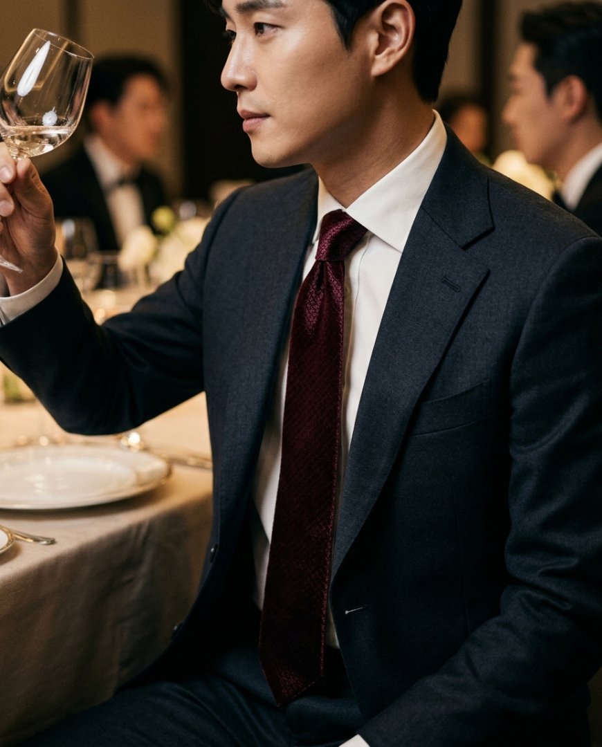 저녁 만찬에서 턱시도와 조화로운 넥타이 착용 모습