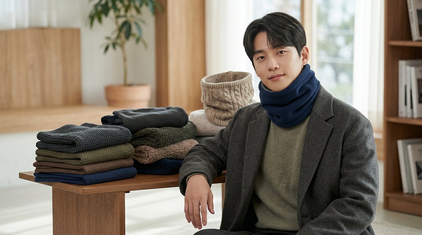 도시 거리에서 넥워머와 재킷을 착용한 남성들