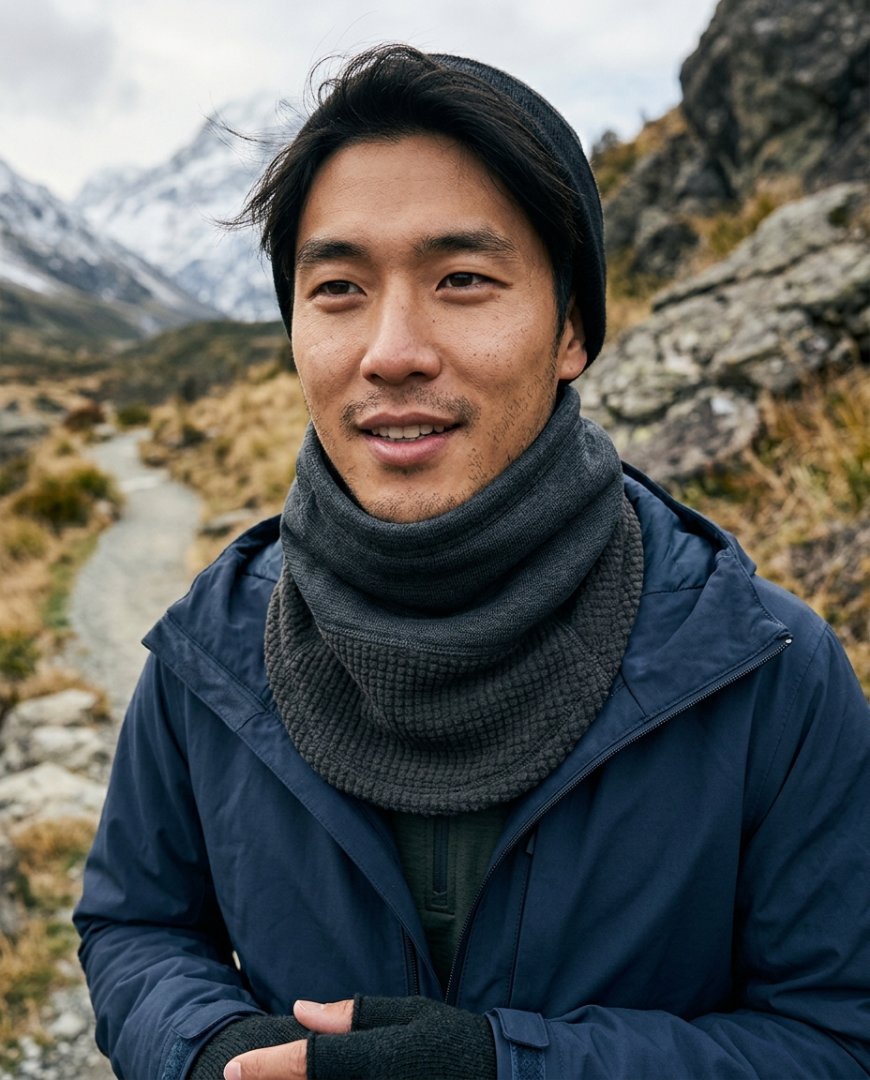 산행 중 넥워머와 패딩 재킷을 착용한 남성