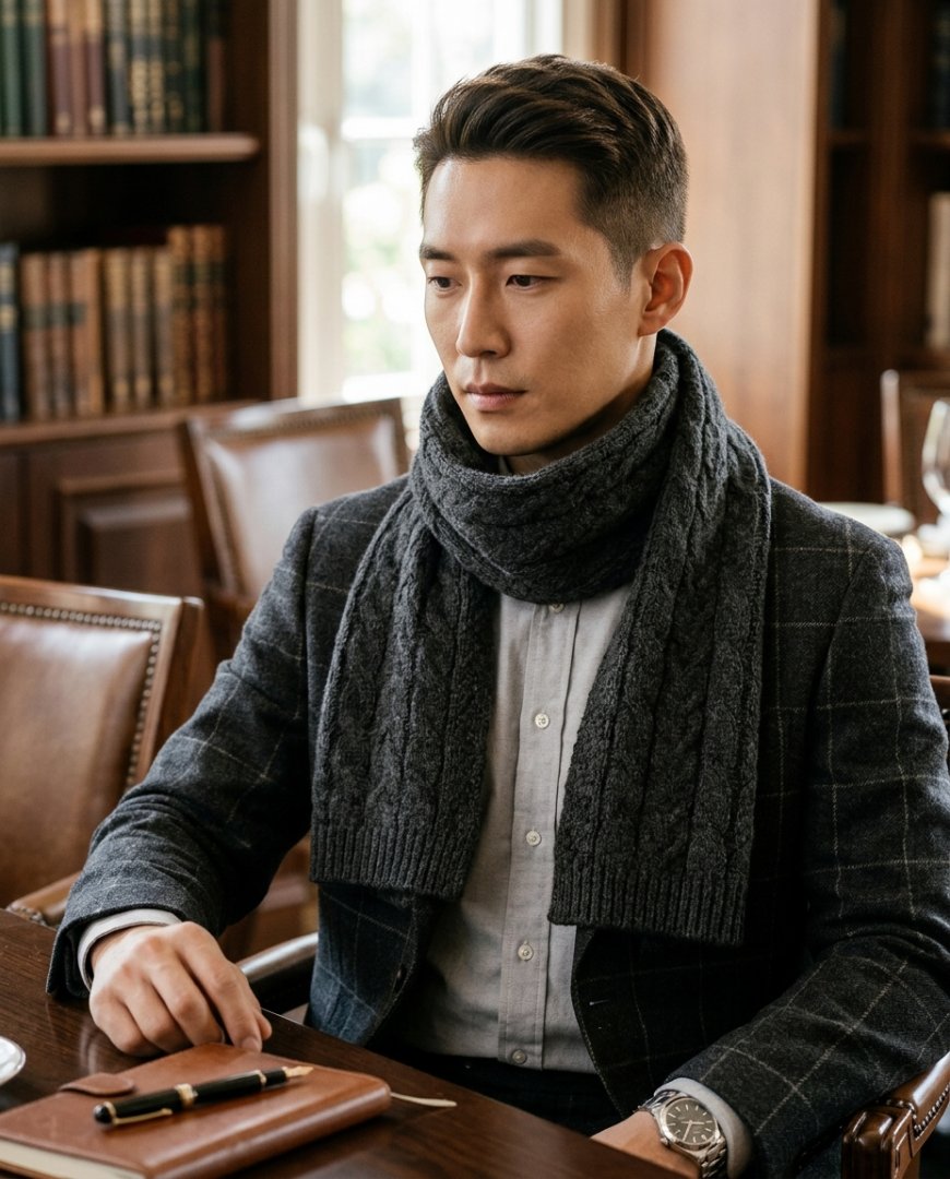 사무실에서 수트와 넥워머를 착용한 남성