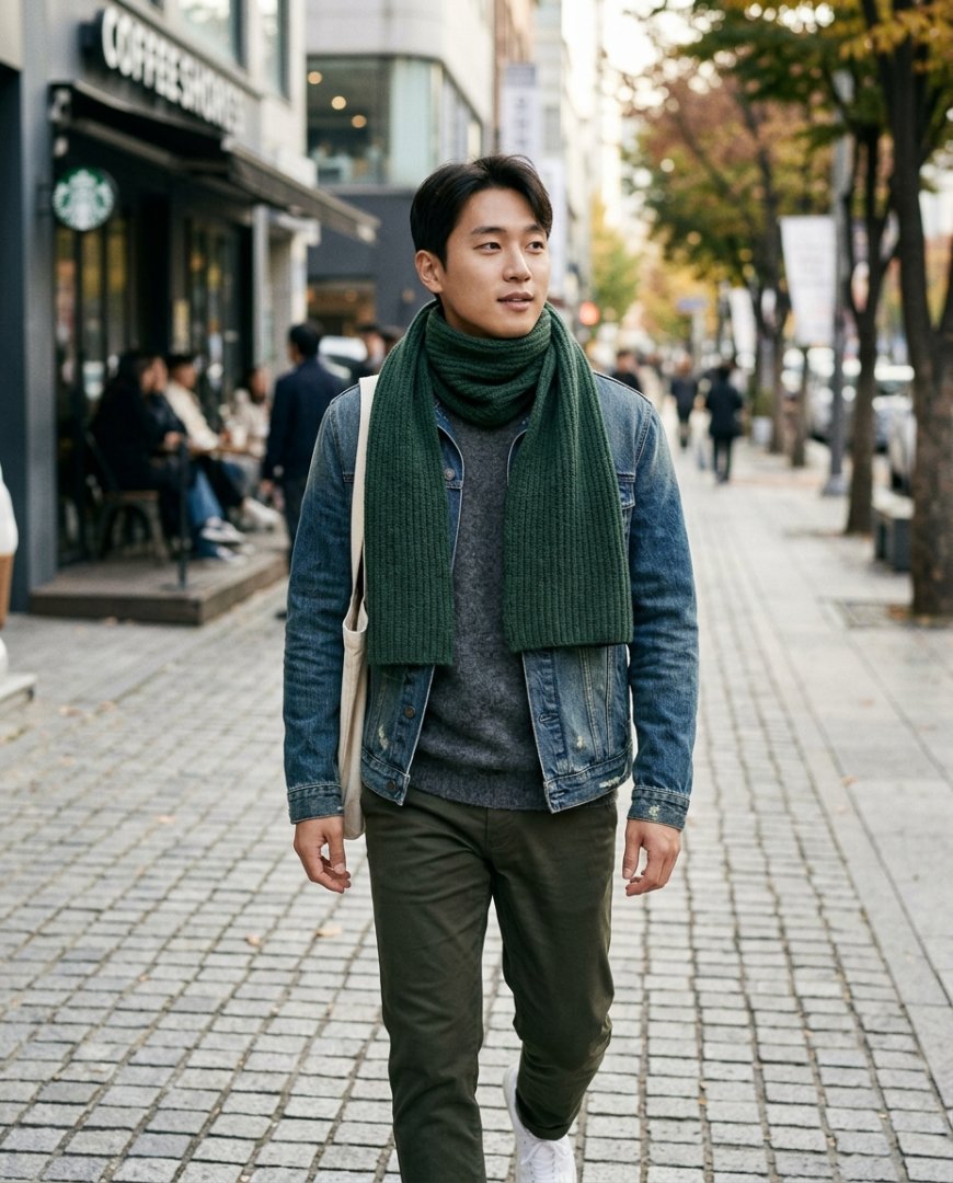 도심 카페에서 캐주얼 복장과 넥워머를 착용한 남성