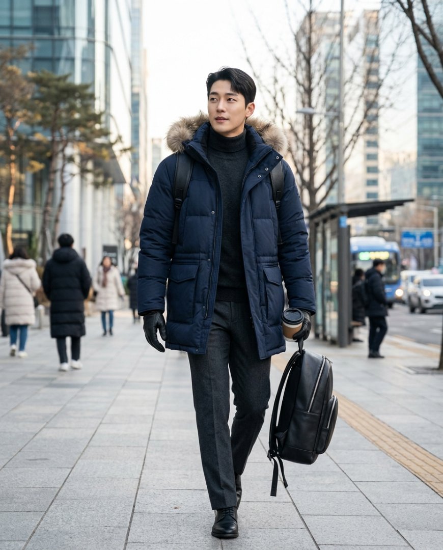 도시 배경에서 정장과 네이비 패딩을 입은 모습