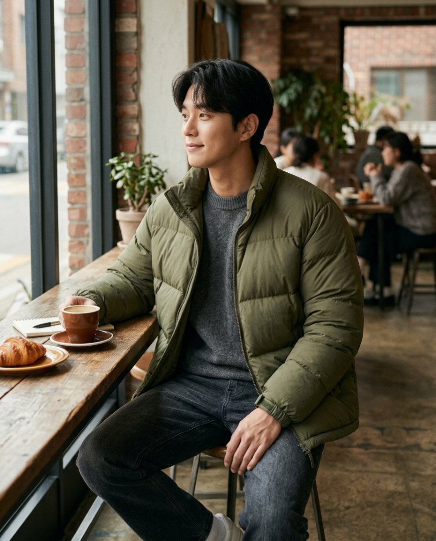 블랙 패딩과 데님을 입고 거리에서 걷는 남성