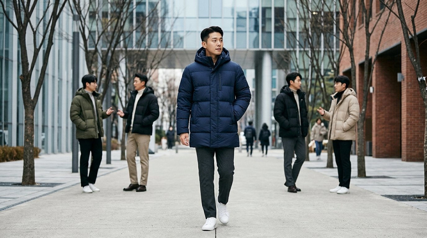 공원에서 패딩점퍼 입은 남성들, 다양한 스타일 제안