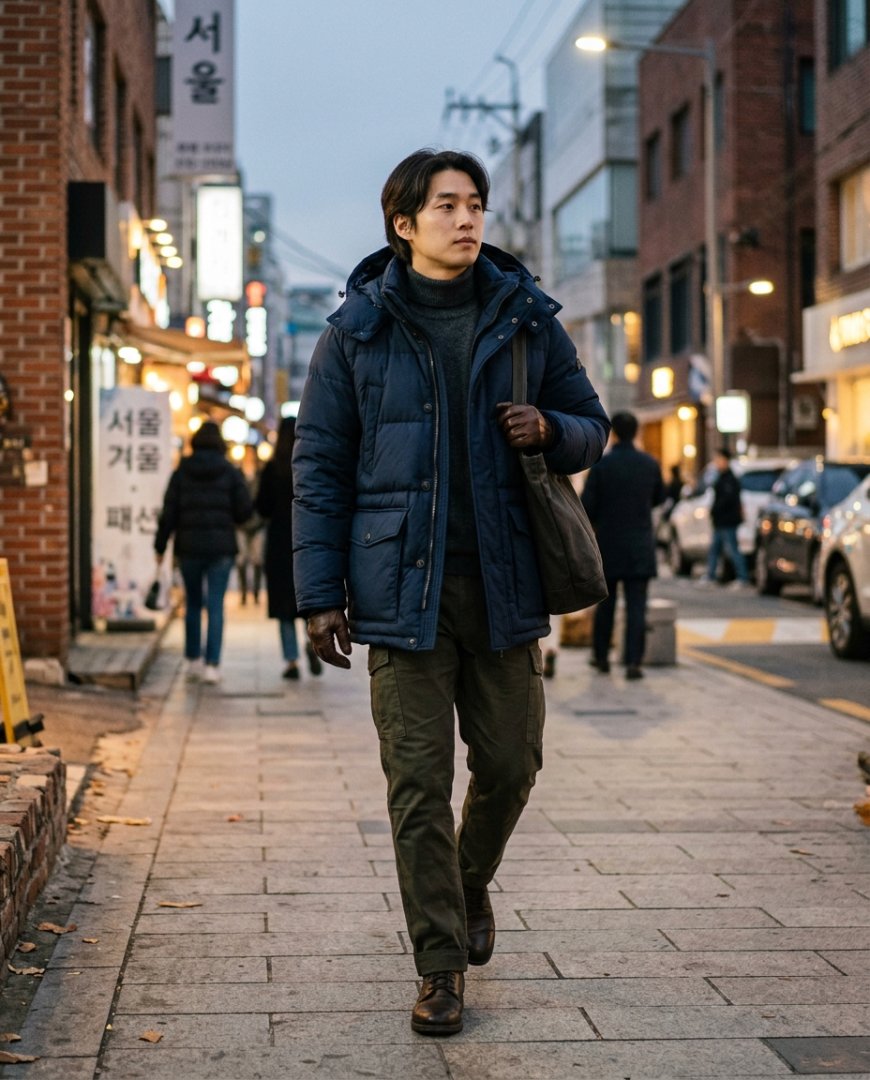 도심에서 블랙 패딩점퍼와 슬림 팬츠 입기 장면