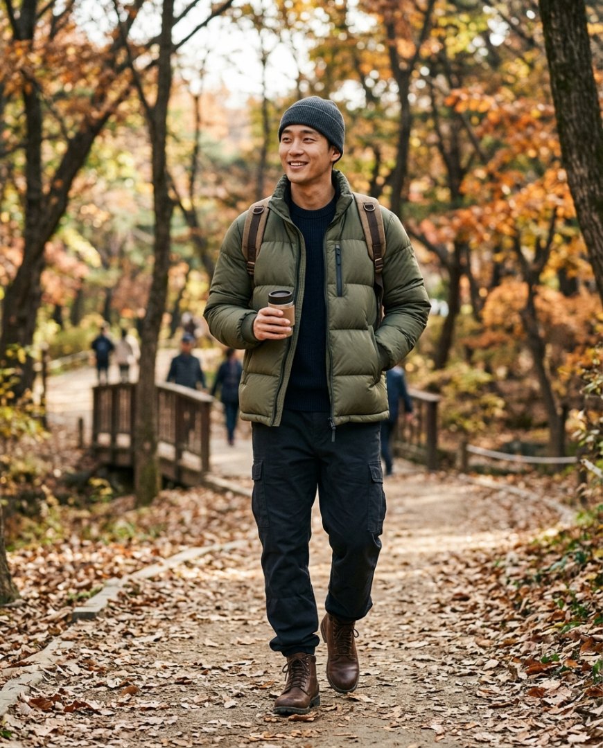 자연 속 브라운 패딩과 데님 매치 모습