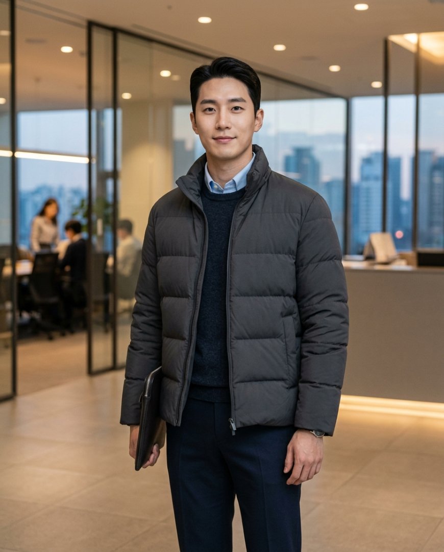 사무실에서 셔츠와 브라운 패딩 매치한 모습
